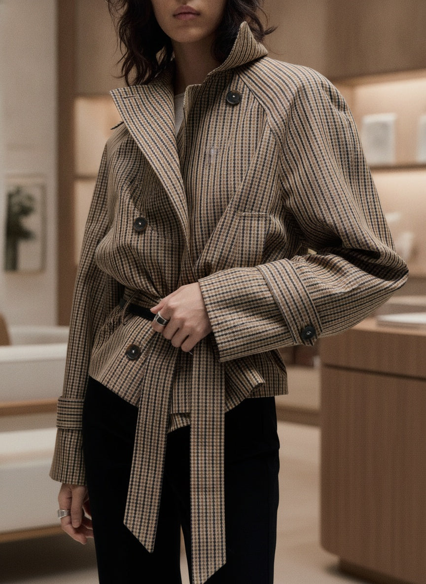 The Harlow Checked Belted Short Trench