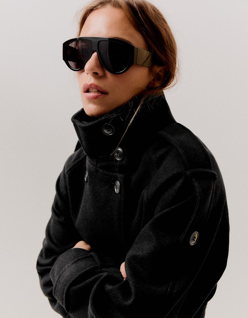 Funnel-Neck Trench Coat - Black detail