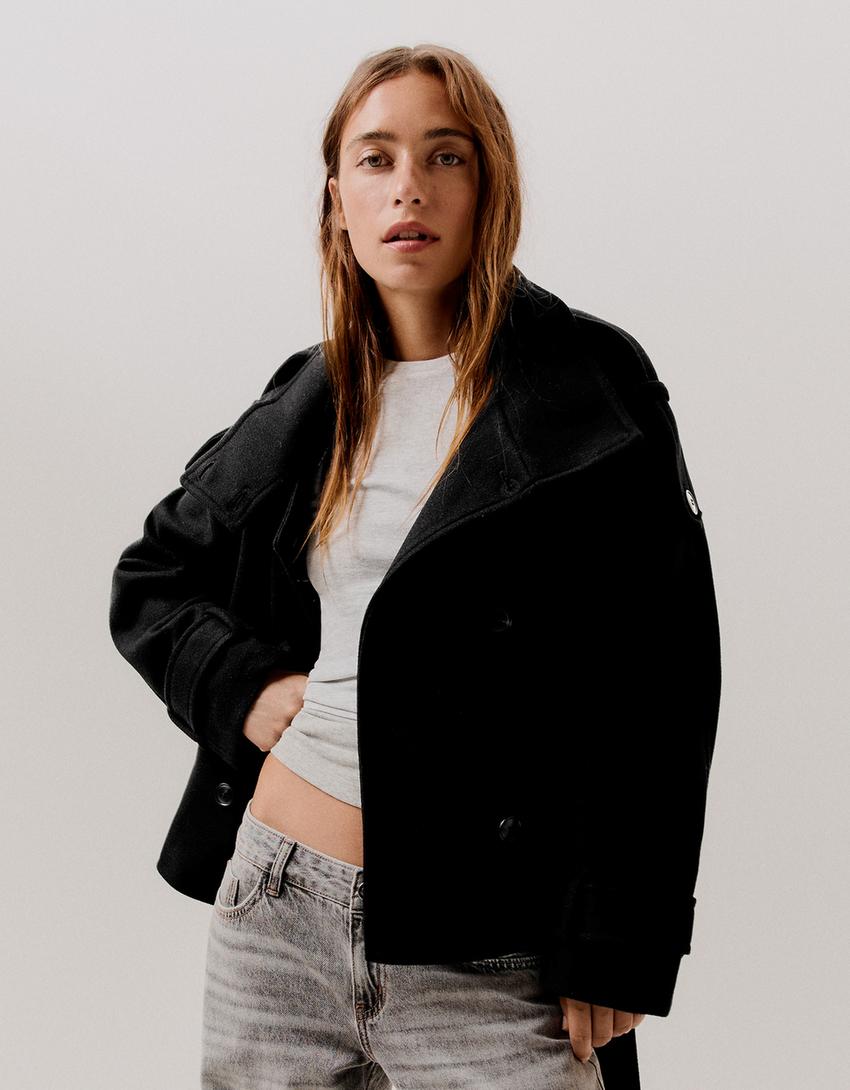 Funnel-Neck Trench Coat - Black