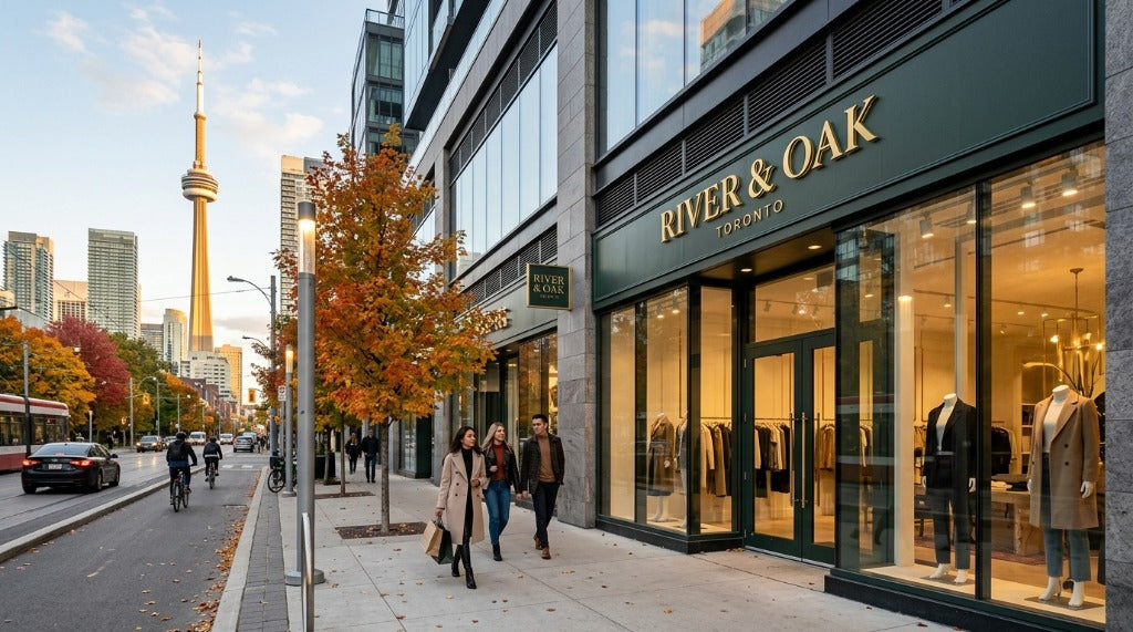 River & Oak Toronto Flagship Storefront in Autumn with CN Tower
